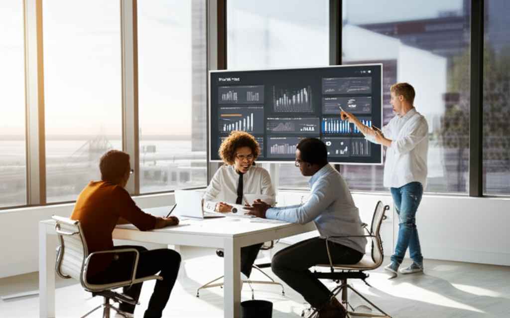 Team collaborating in a modern office